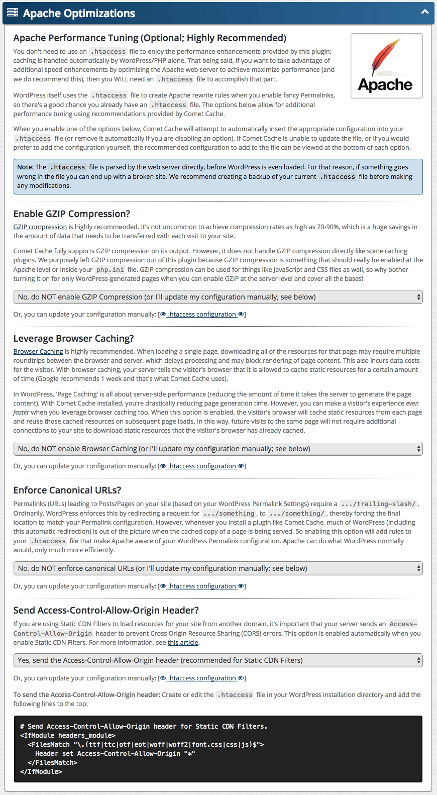 Screenshot: Apache Optimizations Panel